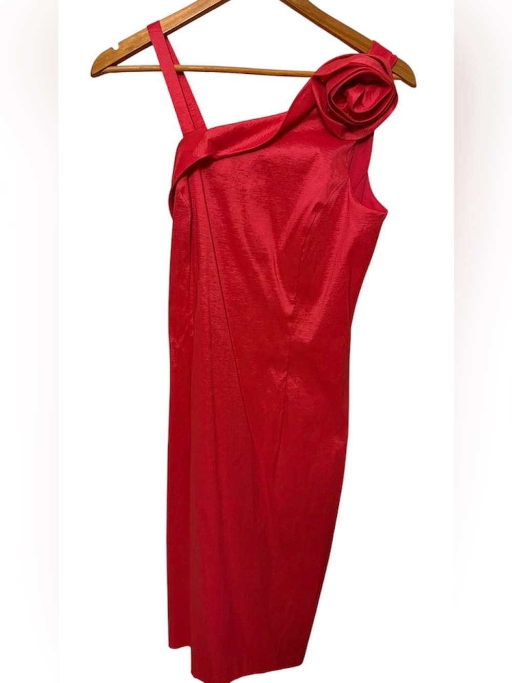 Red Satin One-shoulder Cocktail dress with a large floral appliqué accent